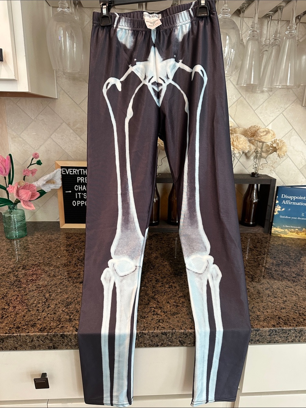 Black Leggings with White Skeletal Print - Women